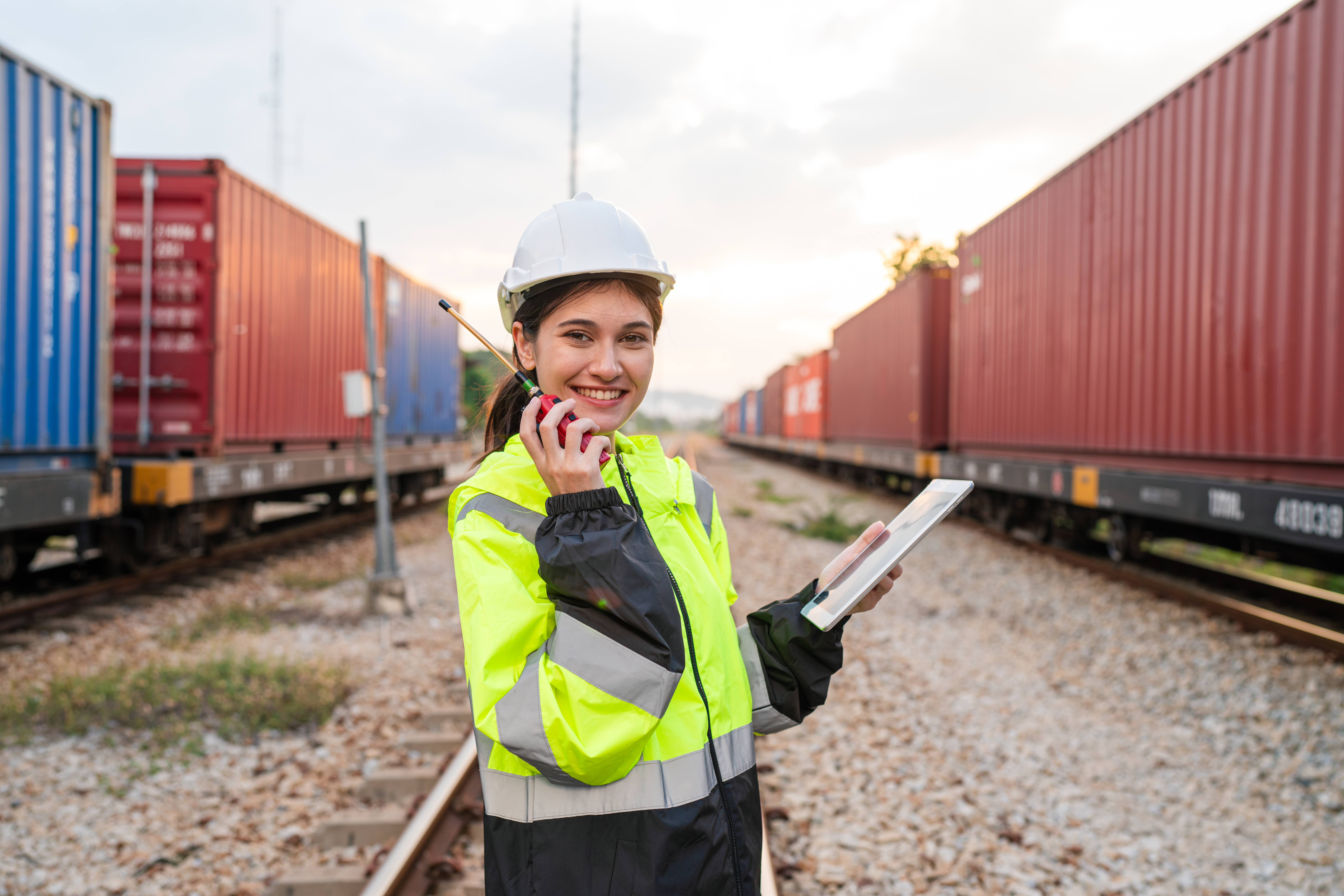 Portrait of woman engineer railway standing and looking camera.